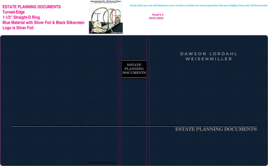 1-1/2" RING TURNED-EDGE BINDER, ESTATE PLANNING DOCUMENTS, BLUE/SILVER - DAWSON LORDAHL WEISENMILLER