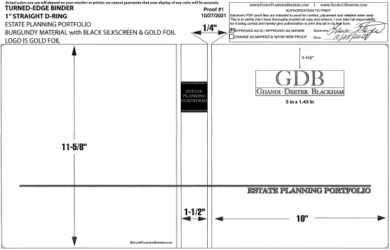 1" RING TURNED-EDGE BINDER, ESTATE PLANNING PORTFOLIO, BURGUNDY/GOLD - GHANDI DEETER BLACKHAM