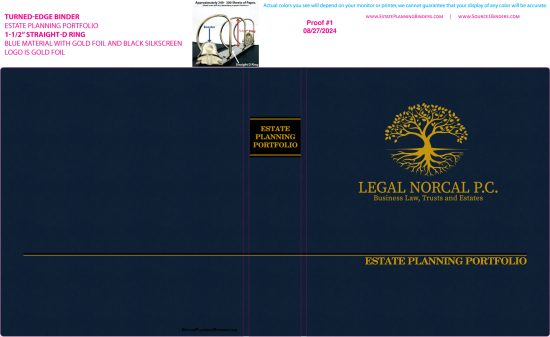 1-1/2" RING TURNED-EDGE BINDER, ESTATE PLANNING PORTFOLIO, BLUE/GOLD - LEGAL NORCAL P.C.
