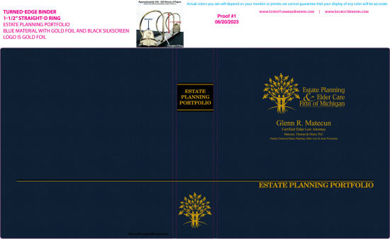 1-1/2" RING TURNED-EDGE BINDER, ESTATE PLANNING PORTFOLIO, BLUE/GOLD - MATECUN, THOMAS & OLSON