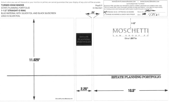 1-1/2" RING TURNED-EDGE BINDER, ESTATE PLANNING PORTFOLIO, BLUE/SILVER - MOSCHETTI LAW GROUP