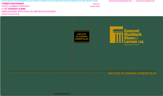 1-1/2" RING TURNED-EDGE BINDER, ESTATE PLANNING PORTFOLIO, GREEN/GOLD - CAMRUD, MADDOCK, OLSON & LAR