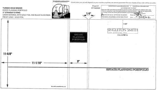 2" RING TURNED-EDGE BINDER, ESTATE PLANNING PORTFOLIO, GREEN/GOLD - SINGLETON SMITH LAW OFFICES