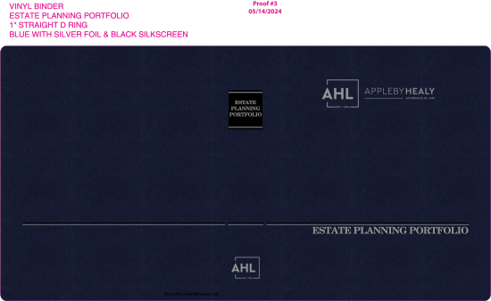 1" RING VINYL BINDER, ESTATE PLANNING PORTFOLIO, BLUE/SILVER - APPLEBY HEALY, ATTORNEYS AT LAW