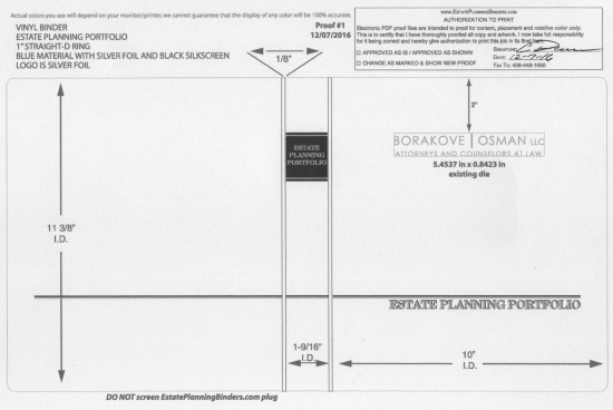 1" RING VINYL BINDER, ESTATE PLANNING PORTFOLIO, BLUE/SILVER  -  BORAKOVE OSMAN LLC