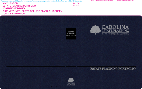 1" RING VINYL BINDER, ESTATE PLANNING PORTFOLIO, BLUE/SILVER - CAROLINA ESTATE PLANNING