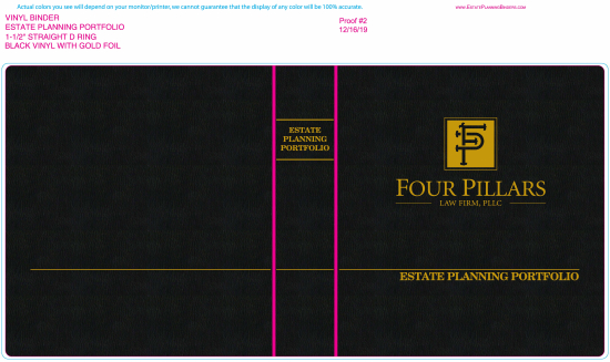 1-1/2" RING VINYL BINDER, ESTATE PLANNING PORTFOLIO, BLACK/GOLD  - FOUR PILLARS LAW FIRM, PLLC