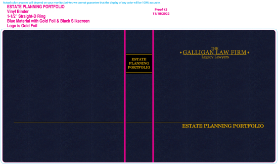 1-1/2" RING VINYL BINDER, ESTATE PLANNING PORTFOLIO, BLUE/GOLD -  GALLIGAN LAW FIRM