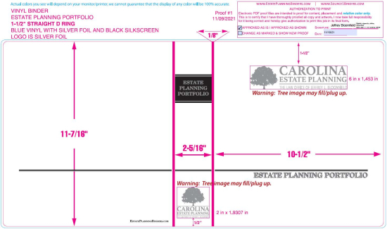 1-1/2" RING VINYL BINDER, ESTATE PLANNING PORTFOLIO, BLUE/SILVER - CAROLINA ESTATE PLANNING