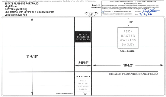 1-1/2" RING VINYL BINDER, ESTATE PLANNING PORTFOLIO, BLUE/SILVER  -  PECK BAXTER WATKINS & BAILEY