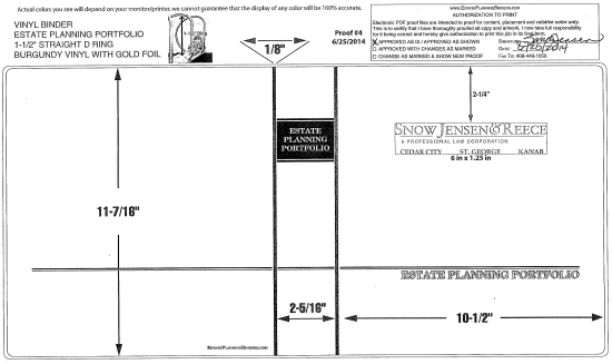 1-1/2" RING VINYL BINDER, ESTATE PLANNING PORTFOLIO, BURGUNDY/GOLD - SNOW JENSEN & REECE