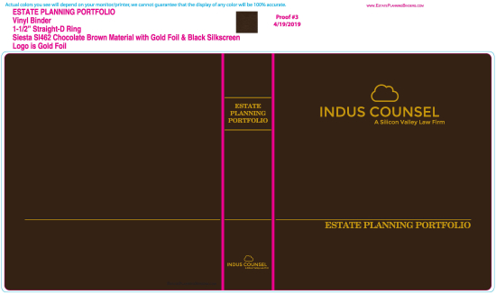 1-1/2" RING VINYL BINDER, CUSTOM ESTATE PLANNING PORTFOLIO, CHOCOLATE BROWN/GOLD - INDUS COUNSEL