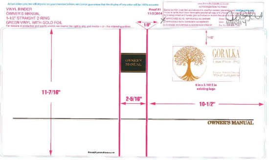 1-1/2" RING VINYL BINDER, OWNER'S MANUAL, GREEN/GOLD - GORALKA LAW FIRM