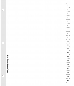 20 INDEX TAB SET, NUMBERED 1 TO 20, 20th CUT, 1 BANK