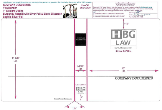 1" RING VINYL BINDER, COMPANY DOCUMENTS, BURGUNDY/SILVER  - HBG LAW