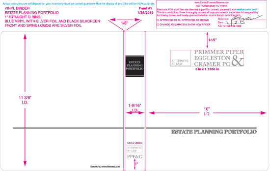 1" RING VINYL BINDER, ESTATE PLANNING PORTFOLIO, BLUE/SILVER  -  PRIMMER PIPER EGGLESTON & CRAMER PC