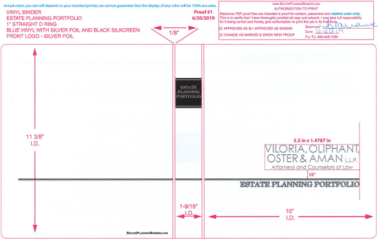 1" RING VINYL BINDER, ESTATE PLANNING PORTFOLIO, BLUE/SILVER - VILORIA, OLIPHANT, OSTER & AMAN