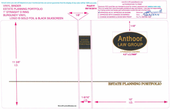 1" RING VINYL BINDER, ESTATE PLANNING PORTFOLIO, BURGUNDY/GOLD - ANTHOOR LAW GROUP