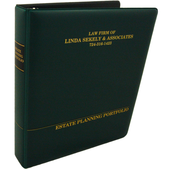 1" RING VINYL BINDER, ESTATE PLANNING PORTFOLIO, GREEN/GOLD - LAW FIRM OF LINDA SEKELY & ASSOCIATES