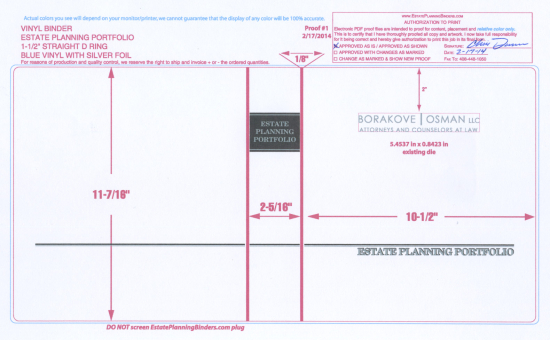 1-1/2" RING VINYL BINDER, ESTATE PLANNING PORTFOLIO, BLUE/SILVER  -  BORAKOVE OSMAN LLC