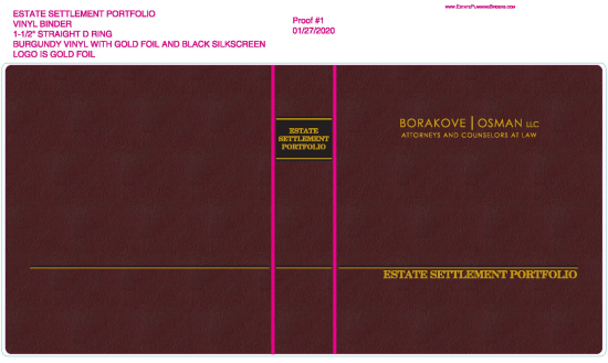 1-1/2" RING VINYL BINDER, ESTATE SETTLEMENT PORTFOLIO, BURGUNDY/GOLD - BORAKOVE OSMAN